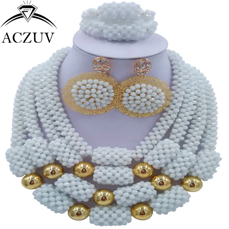 

ACZUV Latest White African Beads Nigerian Wedding Engagement Jewelry Set for Women Big Earrings Necklace Bracelet D4R031