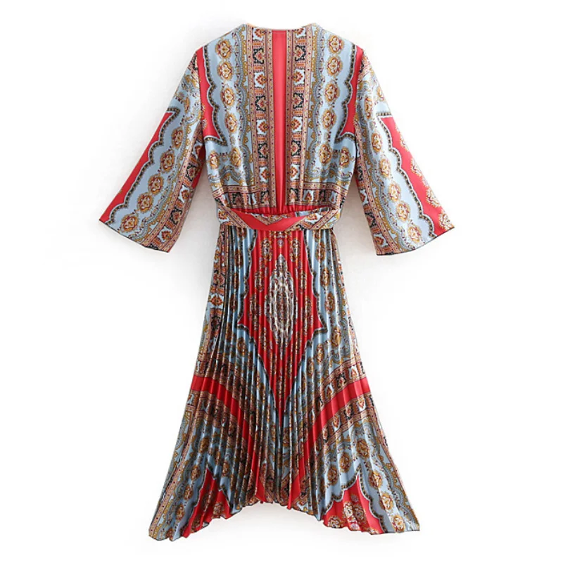 Женское шикарное плиссированное платье до середины икры с v-образным вырезом