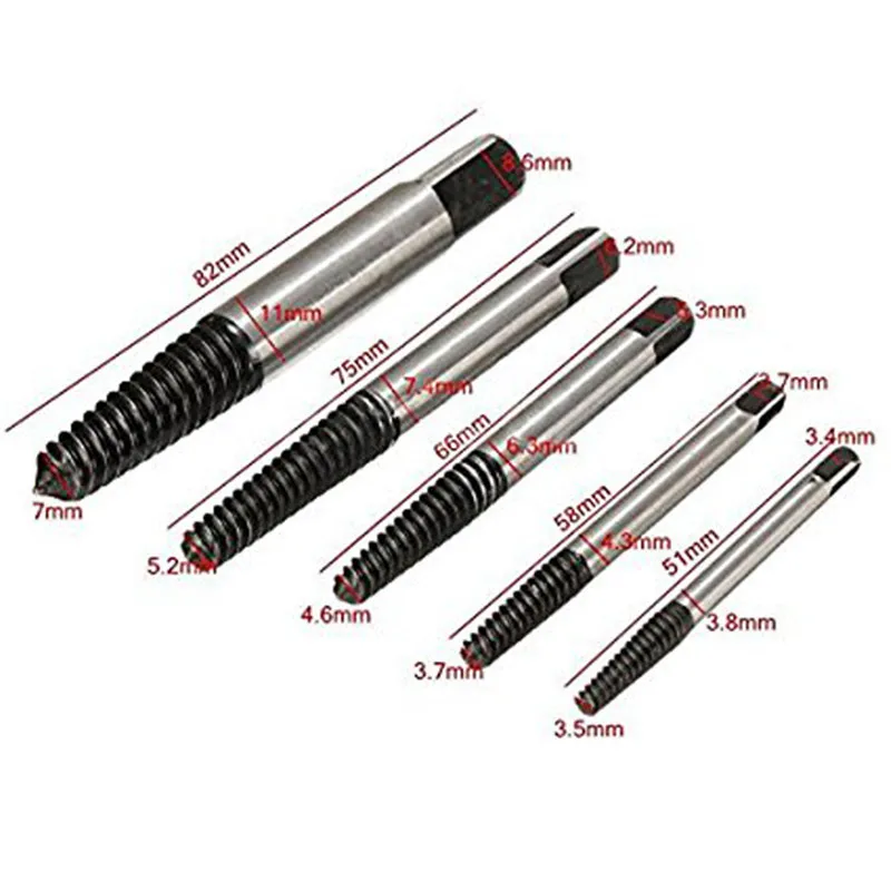

5Pcs/set Screw extractor Steel Broken Damaged Screw Extractor Drill Bit Guide Set Broken Bolt Remover Easy Out Set Screwdriver