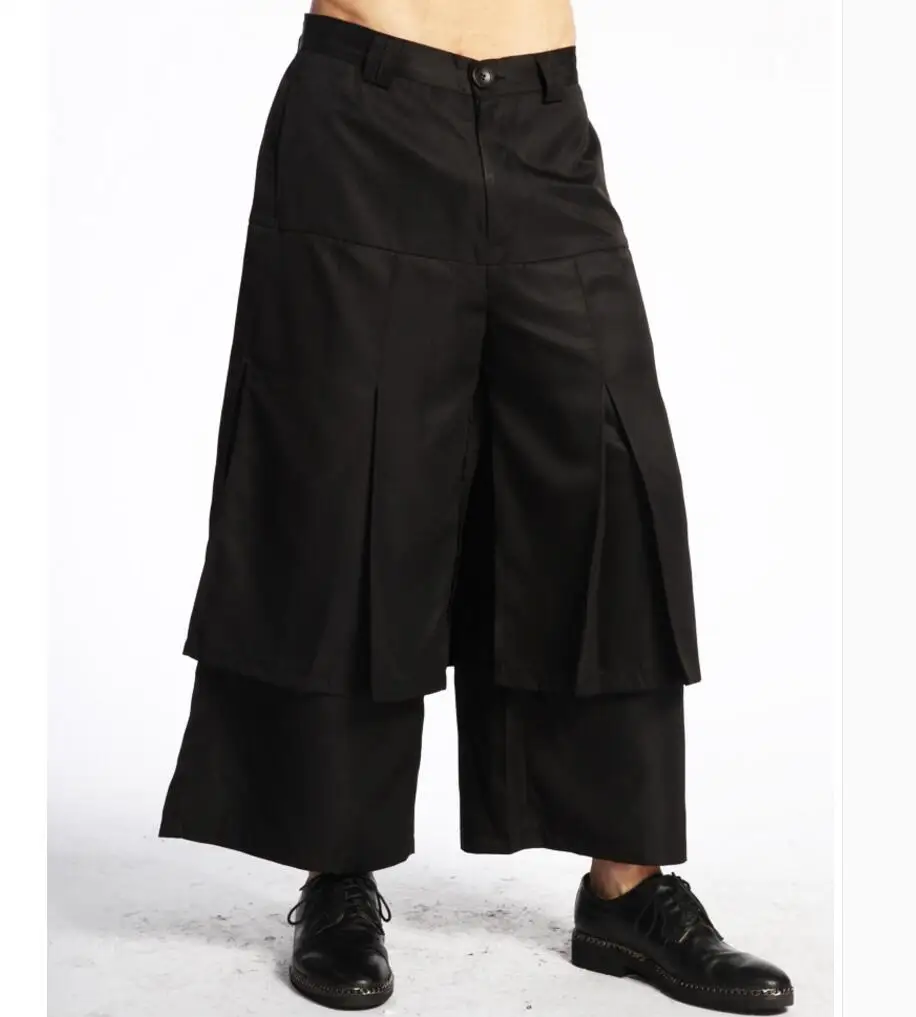 Plus Size Men Pants Costumes Patchwork Wide Leg Pants Culottes Double Layer Casual Hiphop Loose Skorts Spring And Summer 27-44