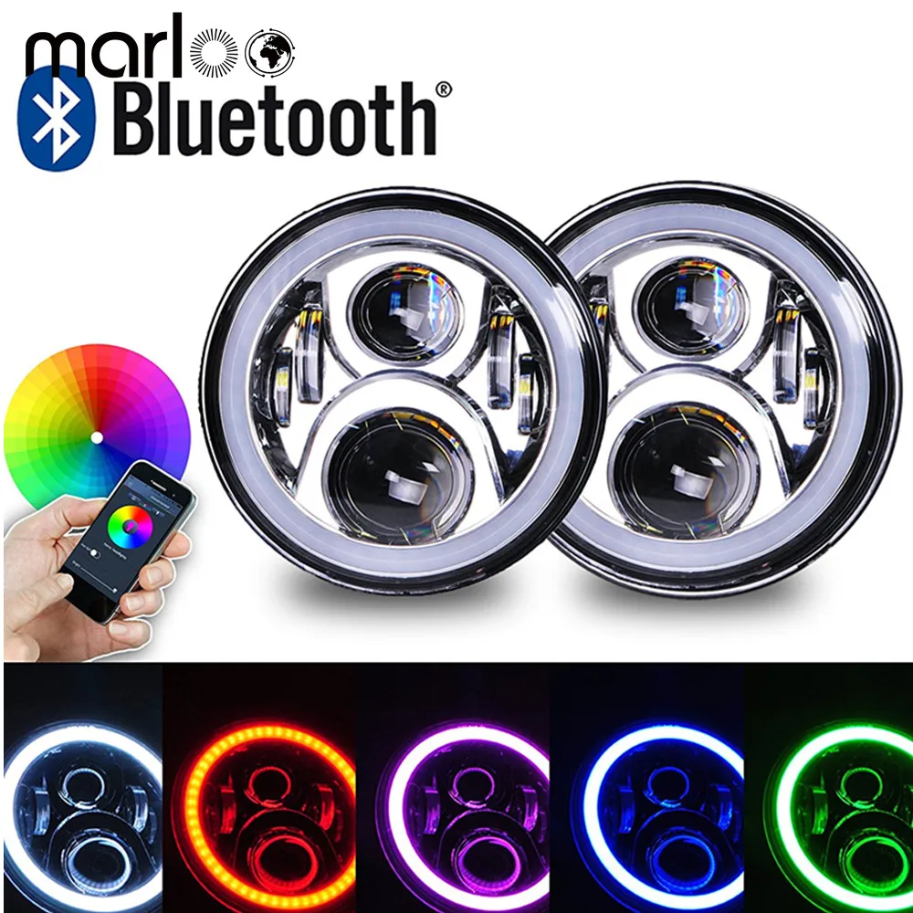 Пара 7 дюймов светодиодные фары Bluetooth Контролируемая RGB Ангел глаз Halo Кольцо лампы