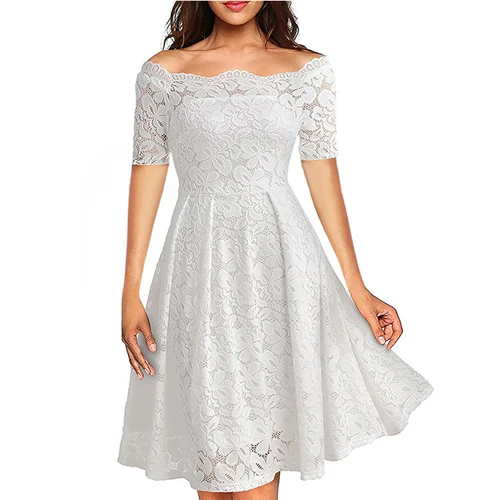 Short sleeve White OTEN, Женская винтажная туника с длинным рукавом, с открытыми плечами, кружевная, с вышивкой, в стиле пэчворк, свадебные, Коктейльные, вечерние, элегантные, женские платья - Цвет: Short sleeve White