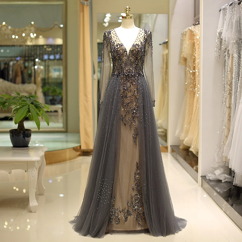 

Robe de soiree Sexy A-line Evening Dress V-neck Neckline Vestidos de festa Full Sleeves Prom Dress Custom Made Plus Size