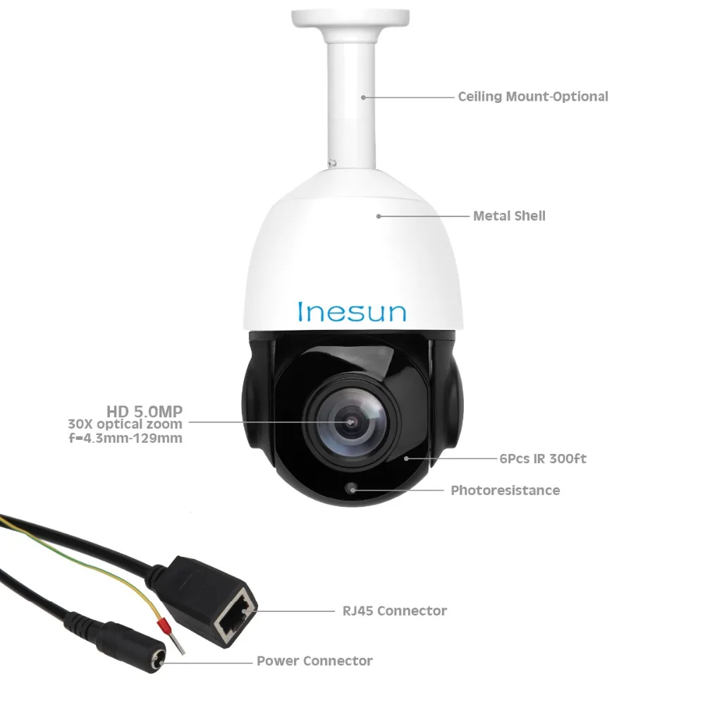 Inesun 5MP PoE PTZ IP камера Супер HD 2592x1944 наружная сеть Onvif скоростная купольная 30X зум 80 м
