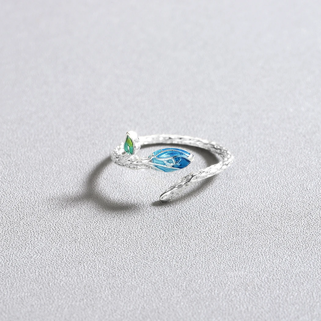 Женские обручальные кольца с эмалью этнические синими листочками и изменяемым