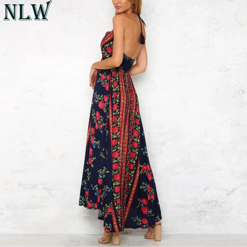 NLW Boho печати Макси платье с v-образным вырезом Холтер женское летнее длинное 2018