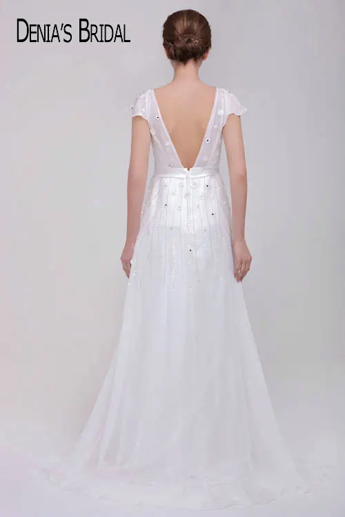 Реальные фотографии с рукавами-крылышками v-образным вырезом бисером а-силуэта