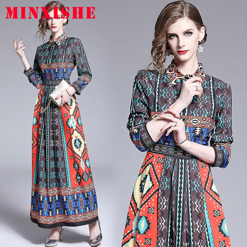 Осеннее женское платье 2019 рубашка поло винтажная повязка макси с длинным рукавом