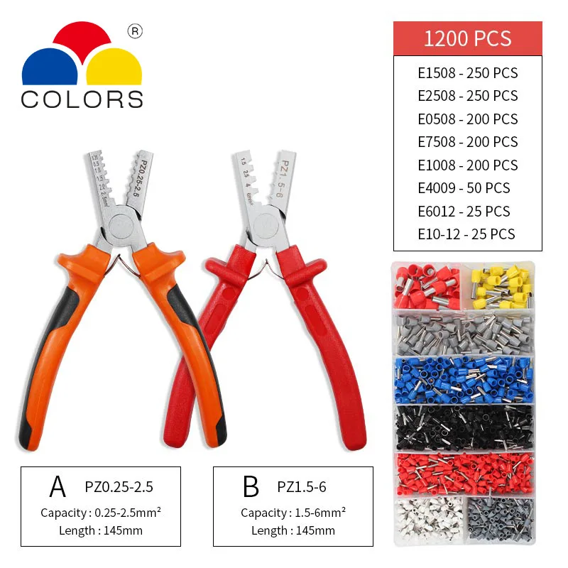 Terminal set 1200pcs Шестиугольник 6-4 0,25-10 мм 23-7AWG четырехугольник трубки обжимной для обжима пресс Клещи обжимные ручной наконечников проводов инструмент HSC8 - Цвет: Terminal set 1200pcs