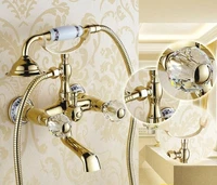 luxury crystal handwheel gold bathroom bathtub shower faucet set diverter spray mixer tap wall mounted brass valve accessories