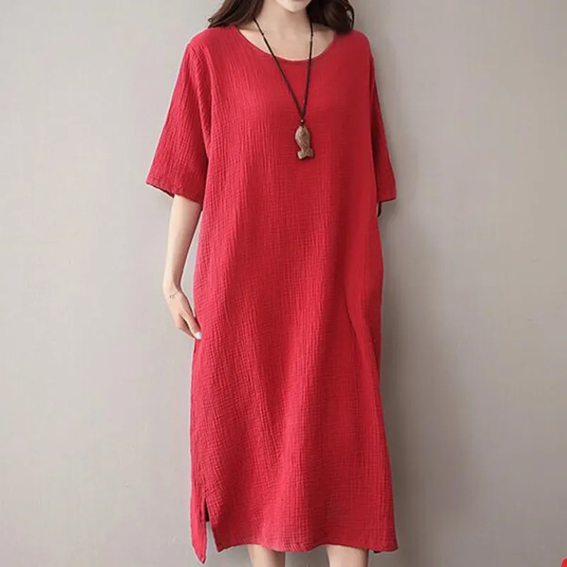 Женское элегантное платье из хлопка и льна 2020 повседневное свободное однотонное