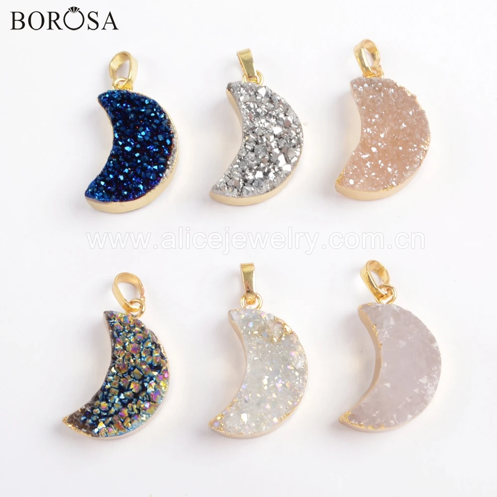 

BOROSA 5PCS Crescent Gold Color Natural Agates Titanium Rainbow Druzy Pendant Moon Drusy Pendant Bead Jewelry For Necklace G1721