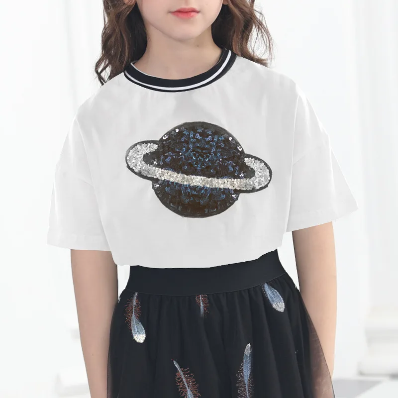 2019 юбка из двух частей для девочек летняя белая футболка + черные сетчатые юбки