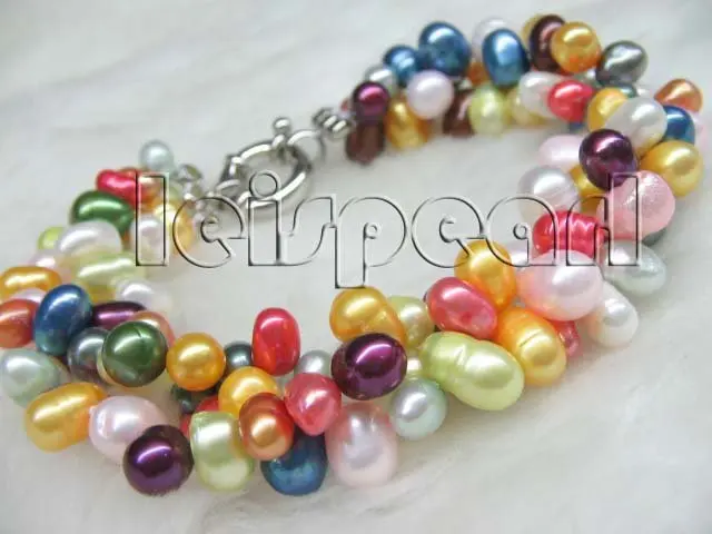 

Genuine 3row multicolor potato freshwater pearl bracelet