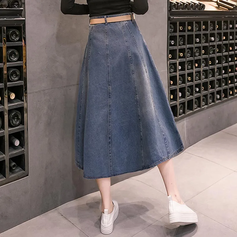 Faldas mujer moda Осенняя модная женская длинная Повседневная джинсовая юбка плюс размер Макси трапециевидная юбка винтажная Джинсовая юбка миди