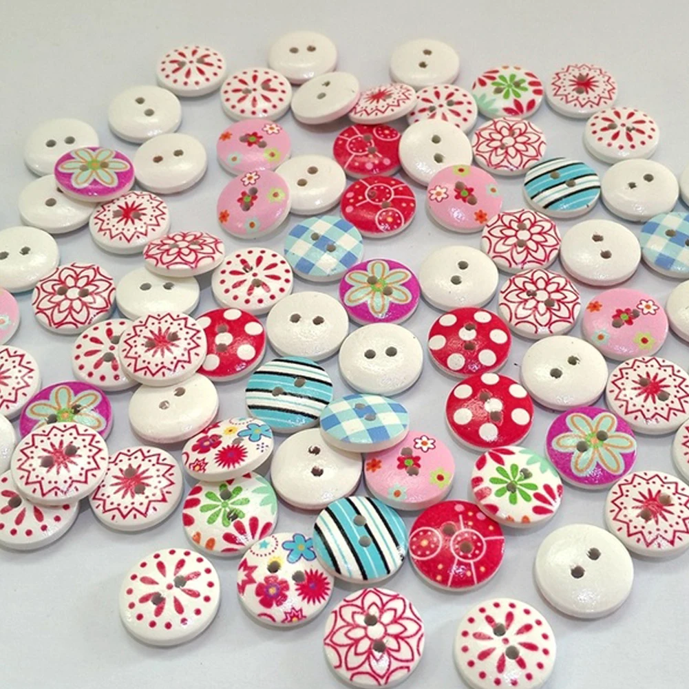 

100pcs 15mm Mixed round retro Floral printing pattern wood decorative button2 holes Sewing wood button flatback Scrapbook