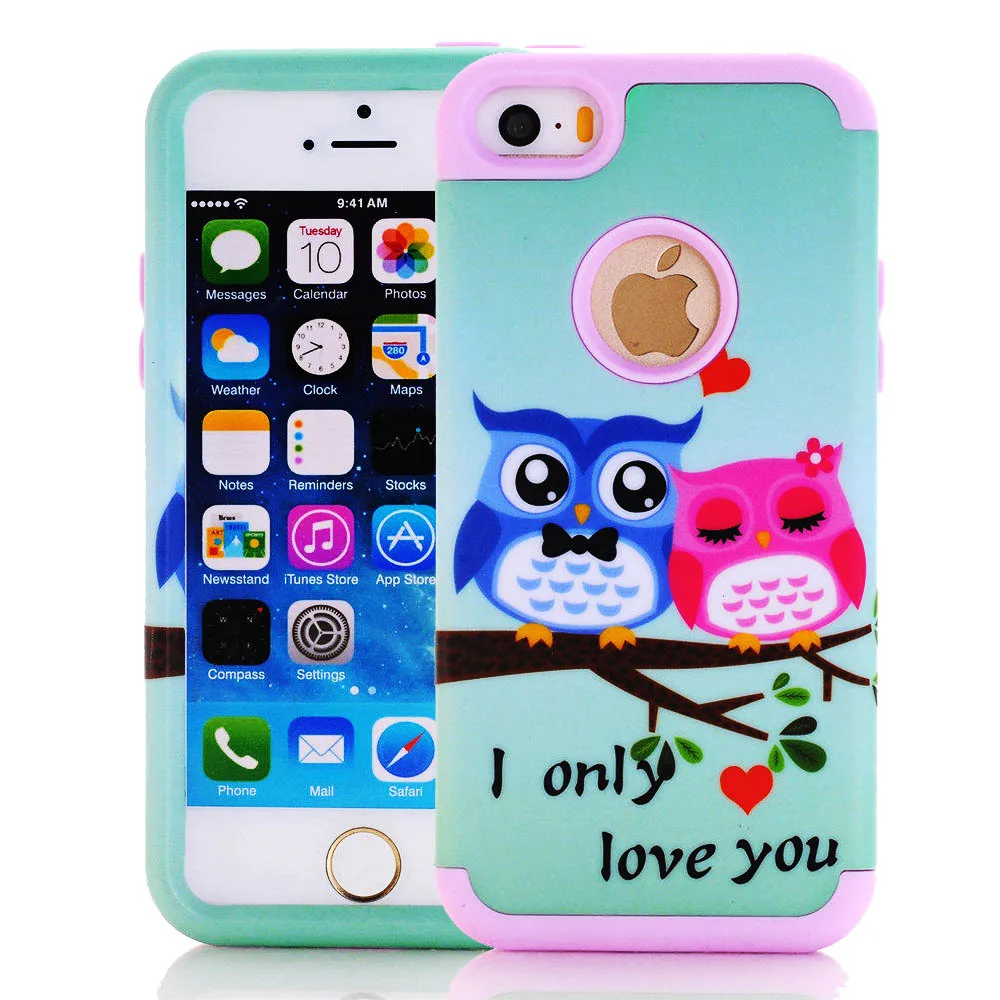 for iPhone SE 5S 5C 5 Phone Case Cute Animal Bird Owl Paint Cases Rubber Shockproof Hybrid Silicone PC Defender Heavy Duty |