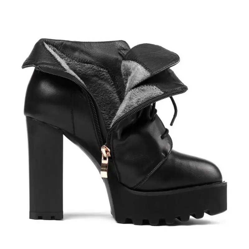 FITWEE Women Thick High Heels Ankle Boots Lace Up Platform Shoes Winter Strappy Round Toe Zipper Size 34-39 | Обувь