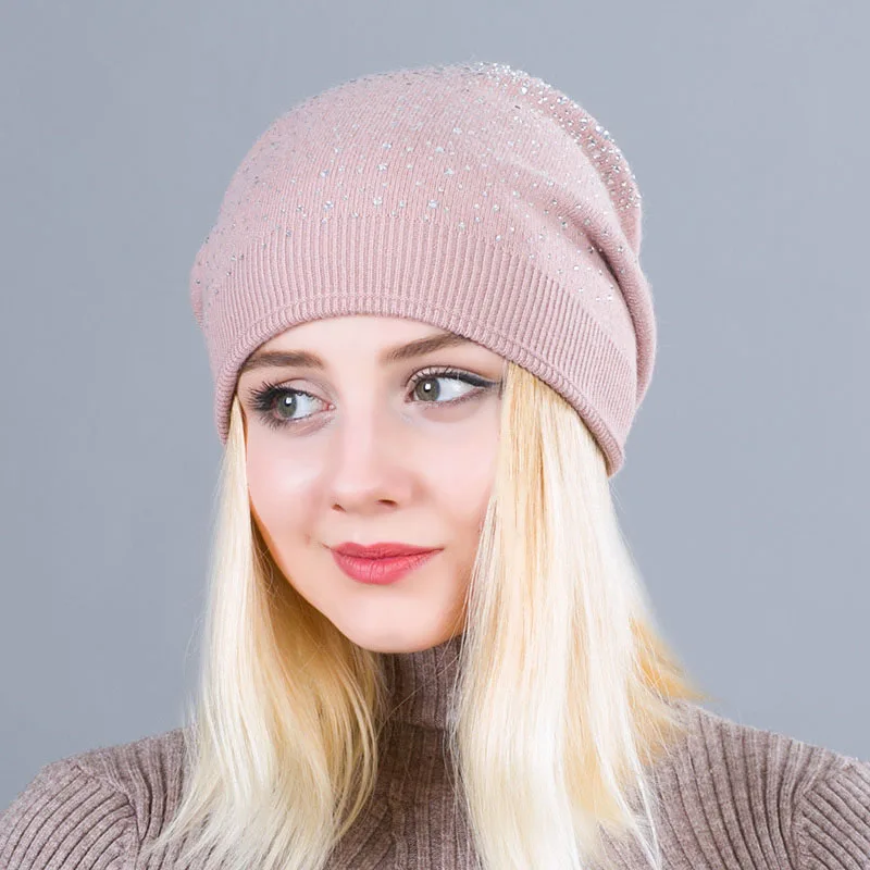 Зимняя женская блестящая шапка с бриллиантом Вязаная Шерстяная Beanie Женская