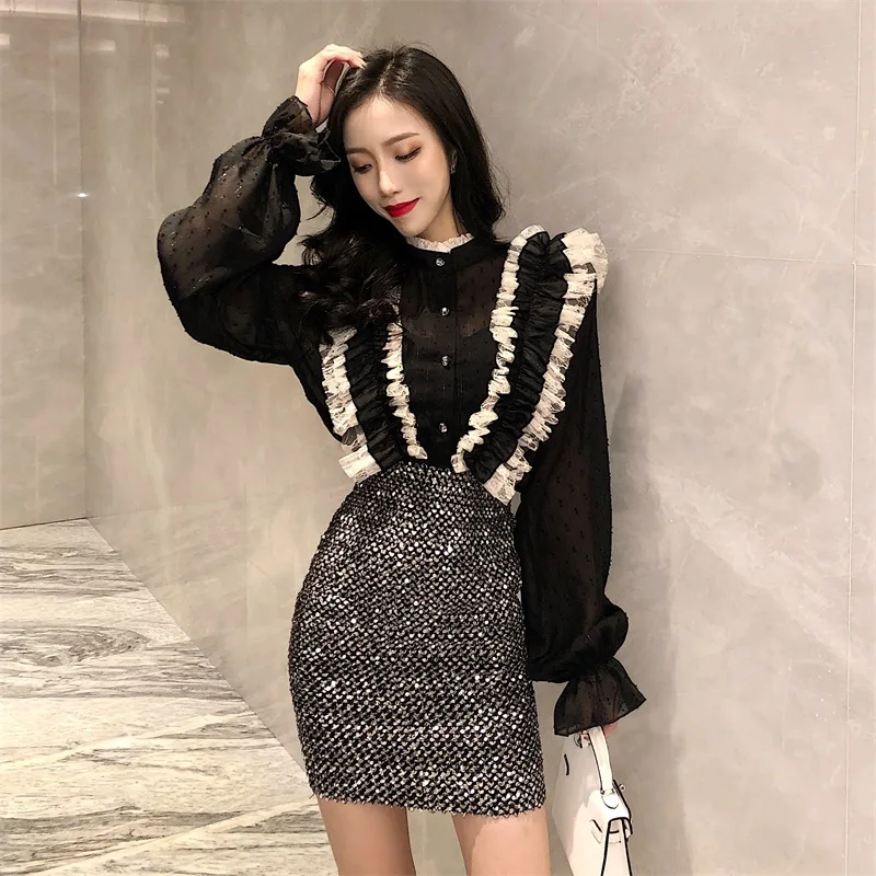 Женская шифоновая блузка с рюшами высоким воротником длинными расклешенными