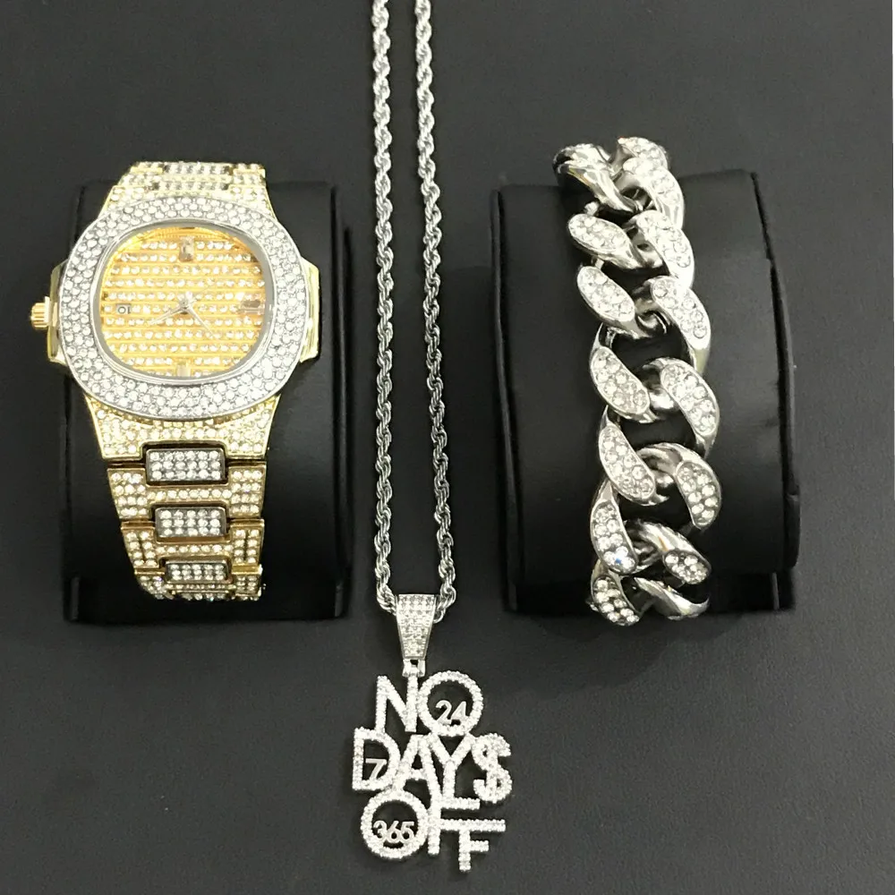 

Luxury Men Watch Men Jewelry Watch & Bracelet & Necklace &Combo Set No Day Off Pendant Ice Out Cuban Bracelet Hip Hop For Men