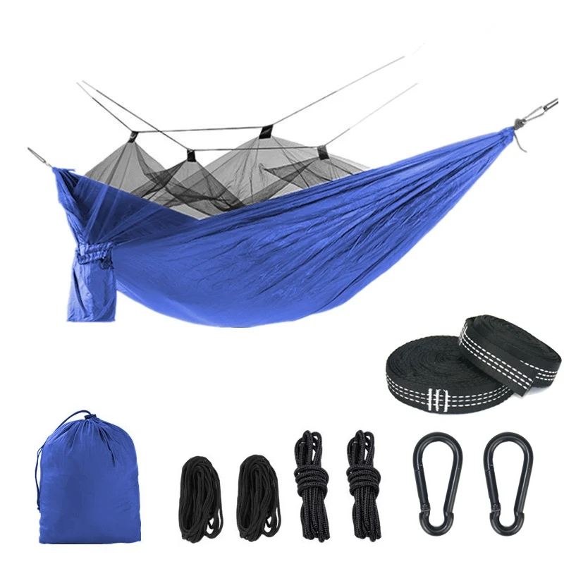 blue Single Person Portable Outdoor Camping Hammock With Mosquito Net 8pc accessories Adult Sleeping Bed Picnic Hanging Bed Hammock - Цвет: blue