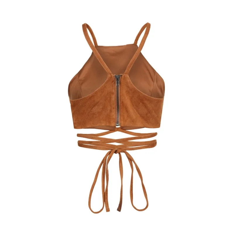 HDY Haoduoyi Для женщин Бохо коричневый из искусственной замши Cami Crop Top в китайском