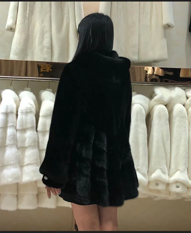 Black Новинка натуральное Норковое меховое пальто женская зимняя теплая шуба с капюшоном и юбкой стильная большая меховых курток - Цвет: Black