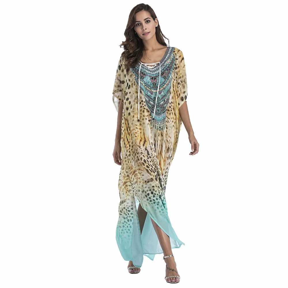 

Summer women sexy chiffon beach outer cover shirt print large size batwing sleeve dress beach dress