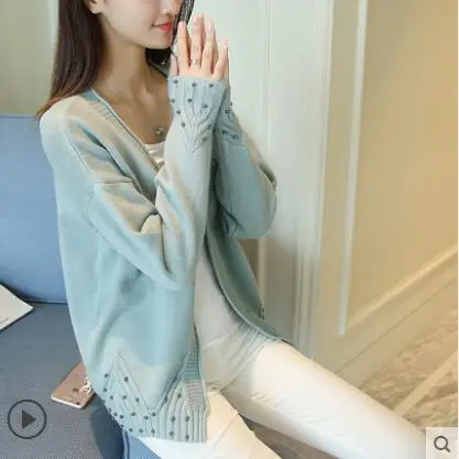 Carol Diaries 2017 Fashion Women Cardigan Sweater Female Beaded V-Neck Knitted Coat Slim Crochet Sweaters Woman Cardigans Tops |