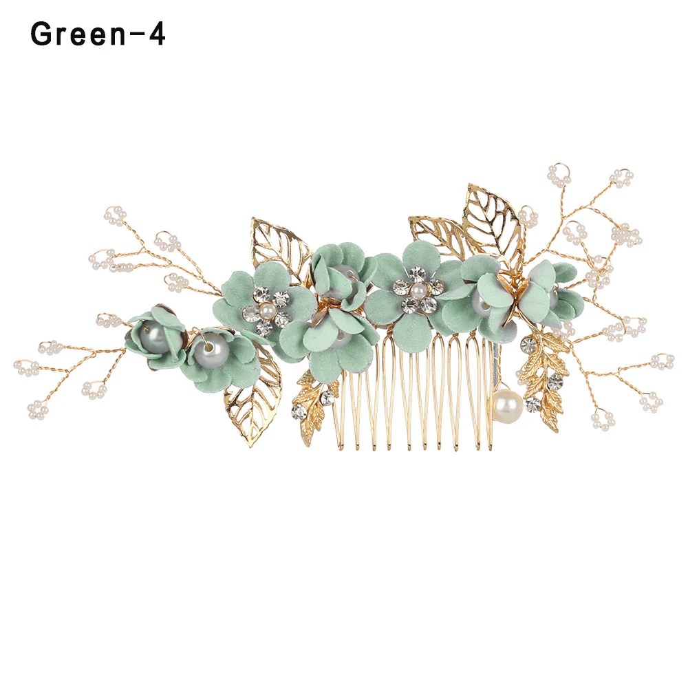 green 04 Модные расчески для волос с голубыми и красными цветами; головной убор для невесты; Свадебные украшения; аксессуары для волос с золотыми листьями; заколки для волос и палочки - Окраска металла: green 04