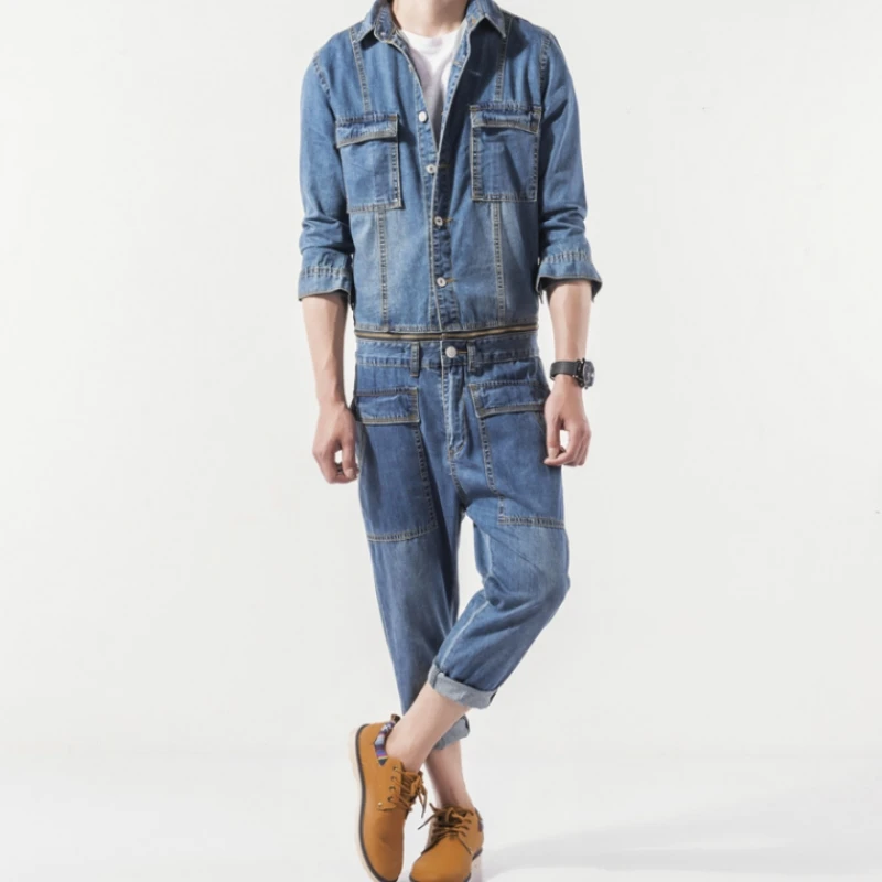 

Japan Style Vintage Casual Denim Overalls Men Spring Autumn Slim Jean Jacket and Pants 2 Piece Set Detachable Harajuku Jumpsuit