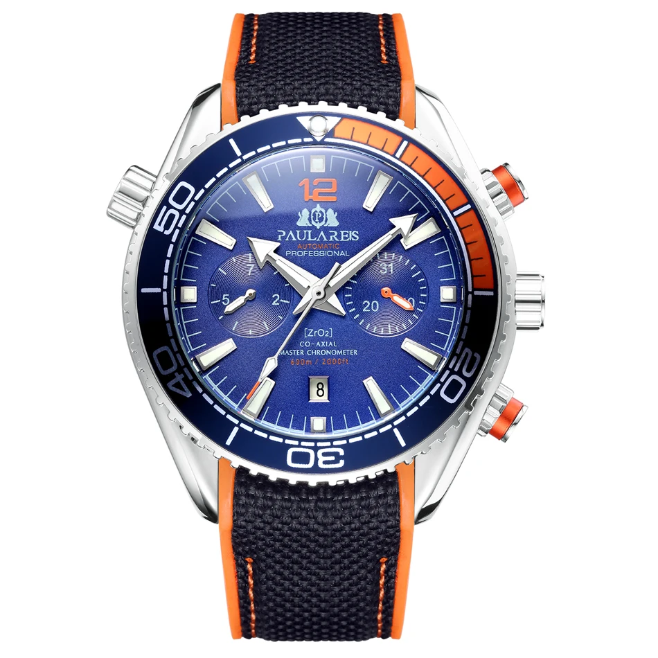 White Orange Blue Автоматические механические холщовые резиновые часы James Bond 007 стиль оранжевый синий красный Многофункциональный Дата месяц мужские спортивные часы - Цвет: White Orange Blue