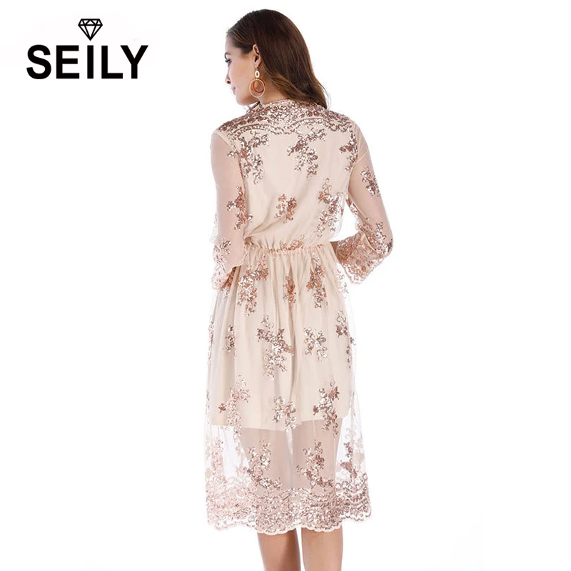 Женское кружевное платье миди с вышивкой и блестками рукавом 3/4|robe sexy femme|robe sexymidi