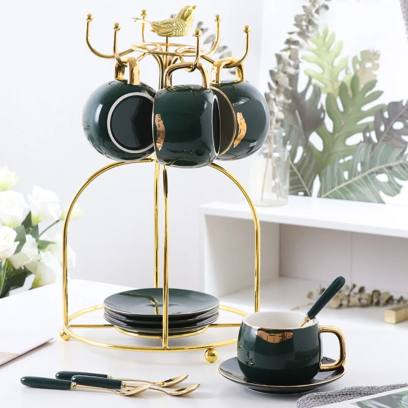 4-piece set Green Модный набор кофейных чашек с принтом губ, фарфоровый набор чайных чашек из костяного фарфора, Набор чашек и блюдцев, чайные вечерние стаканы, свадебные подарки - Цвет: 4-piece set Green