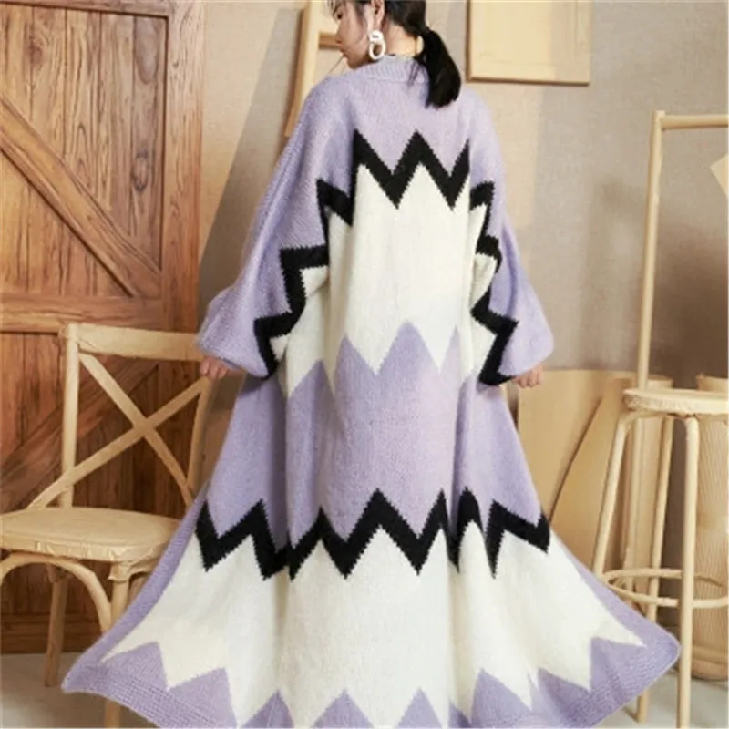 Женский шерстяной вязаный кардиган Свободный Длинный свитер контрастных цветов