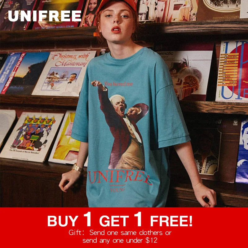UNIFREE/Новинка 2019 года летняя модная свободная футболка для отдыха с изображением