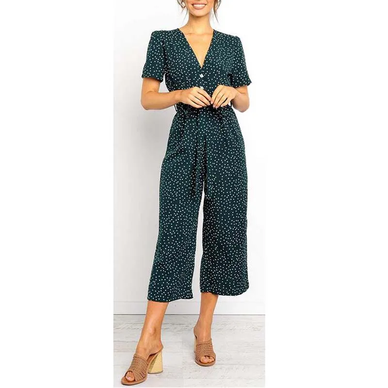 

Women Casual Polka Dot Deep V-neck Short Sleeve Summer Jumpsuit Button Front Elastic Waist with Belt Jumpsuit