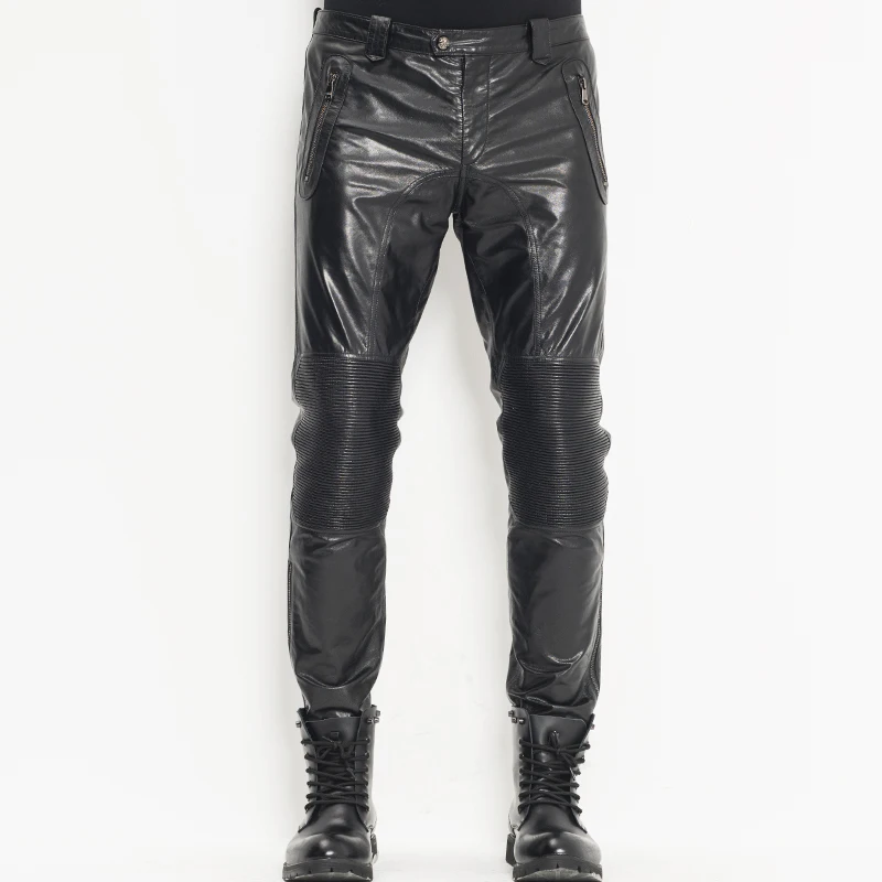 Мужские кожаные брюки байкерские в стиле панк рок тонкие из овчины WZS004|men leather