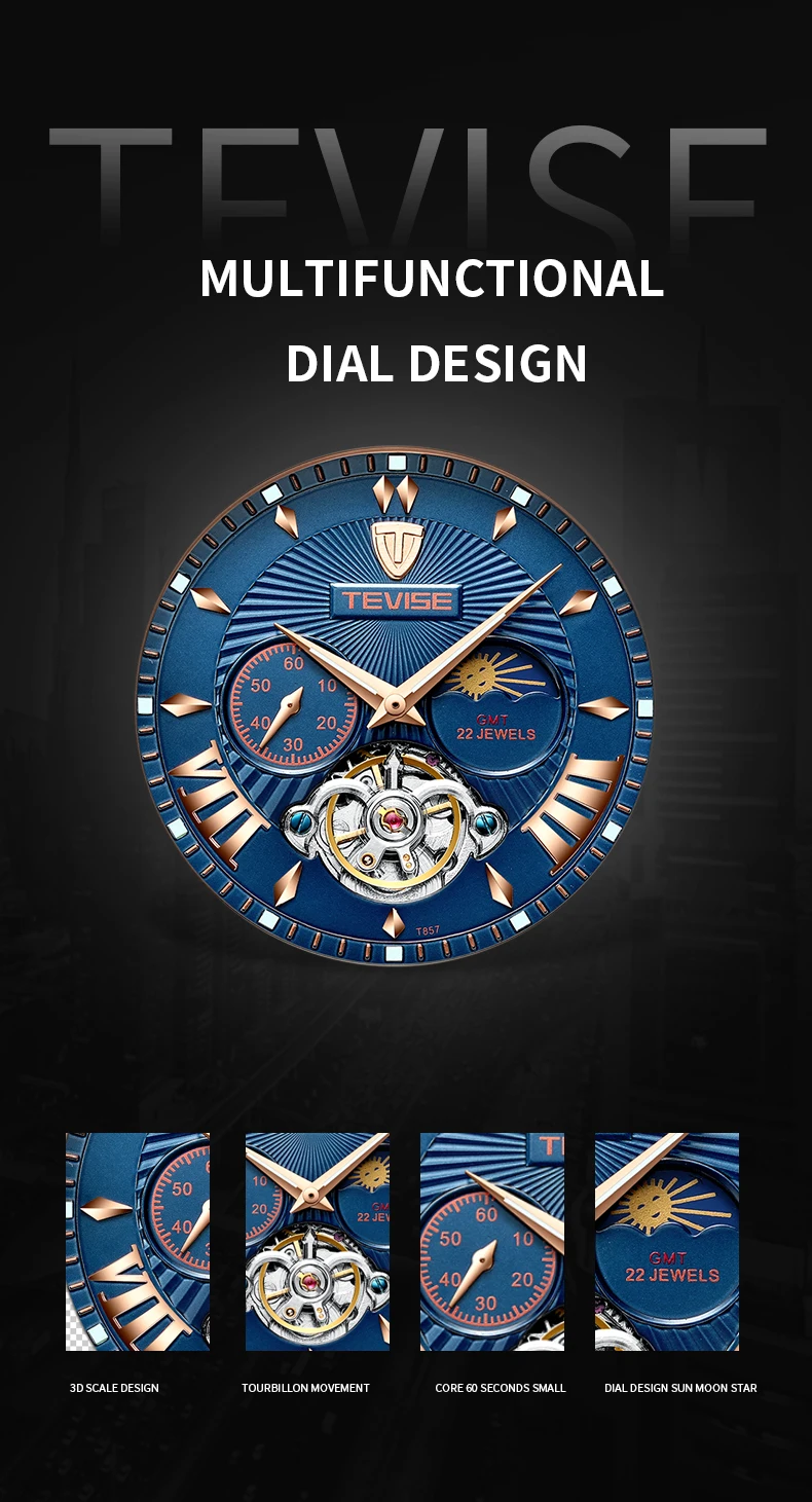 Tourbillon Tevise Лидирующий бренд Мужские механические часы автоматические Модные Роскошные мужские часы из нержавеющей стали Relogio Masculino