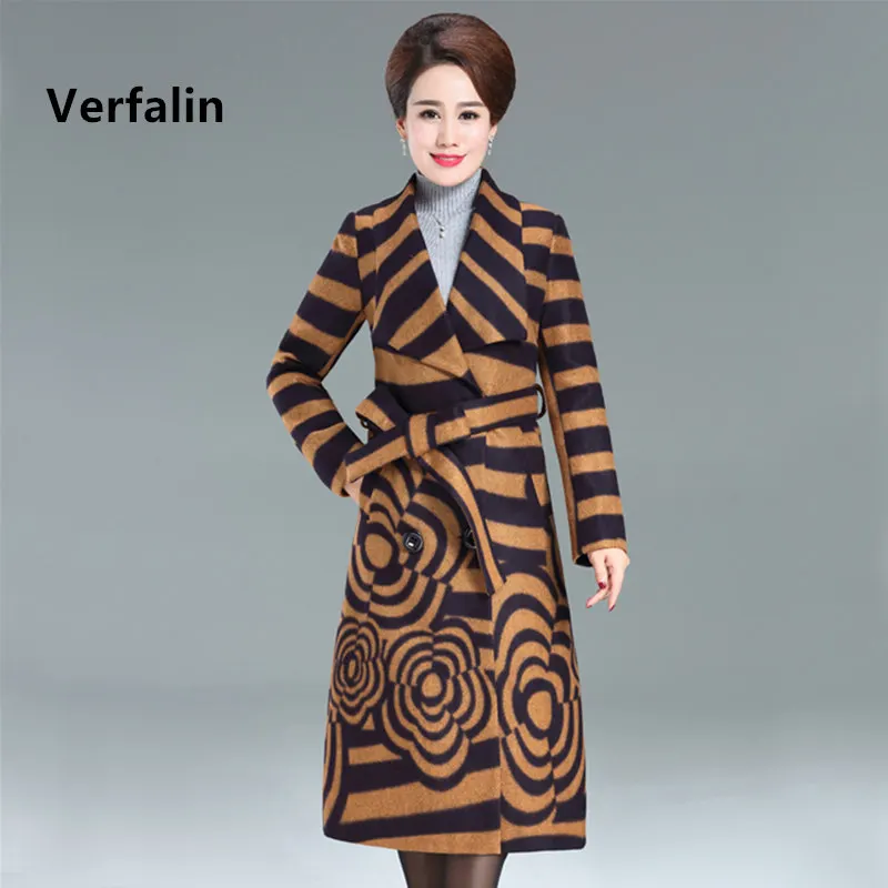 Verfalin 2017 Весной Женщины Шерстяное Пальто/Элегантный Полосой Формальные Длинные