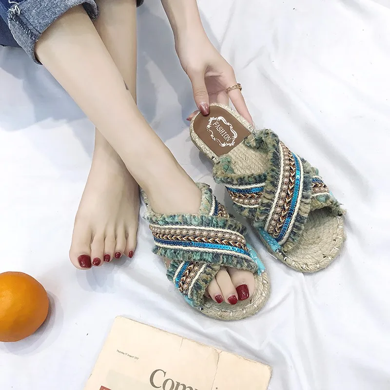 Модные летние богемные белье старинные Для женщин тапочки 2019 Новый Бисер плоские