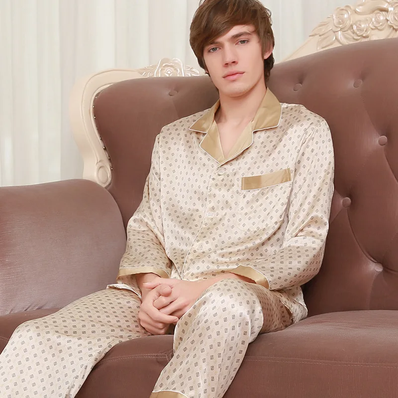 Пижама Мужская из натурального шелка пижама с длинным рукавом и штаны 100%
