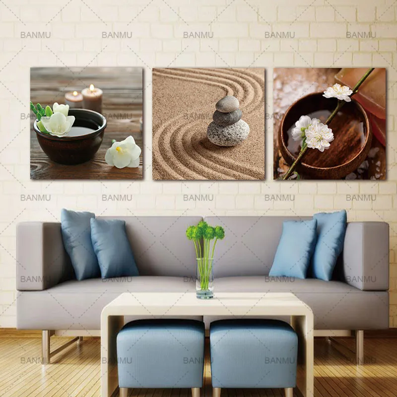 

Zen Canvas Art,Art Decor Modern Flower in Bowl with Water and Candle Wall Art Painting on Canvas Scene Home Decoration Artwork