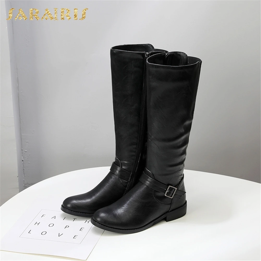 SARAIRIS/ размера плюс 34-43, Высококачественная новая Брендовая обувь на молнии, женские ботинки, осенне-зимние женские ботинки до середины икры на не сужающемся книзу массивном каблуке - Цвет: Черный