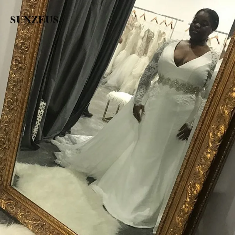 Свадебное платье большого размера 2019 длинные рукав с накладной аппликацией