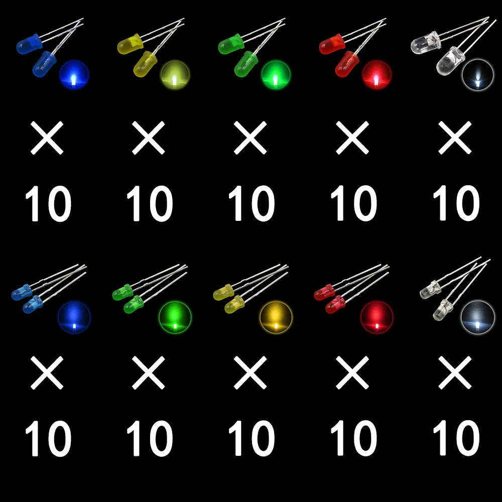 100 шт./лот 3 мм 5 светодиодный комплект смешанных цветов красный зеленый желтый