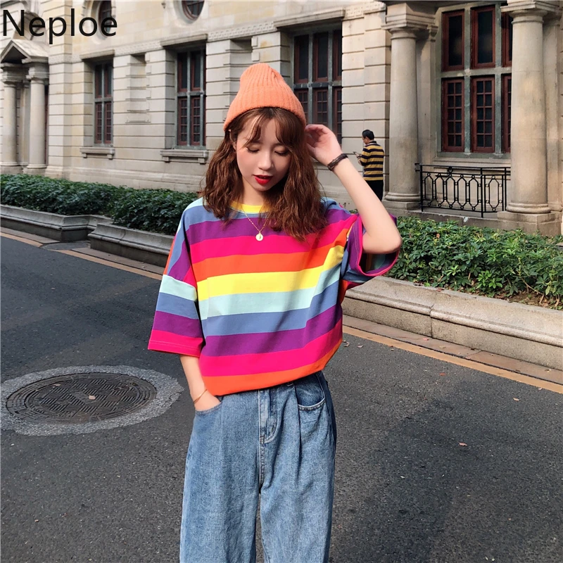 Neploe женские футболки в радужную полоску Лето 2021 Harajuku BF с круглым вырезом и