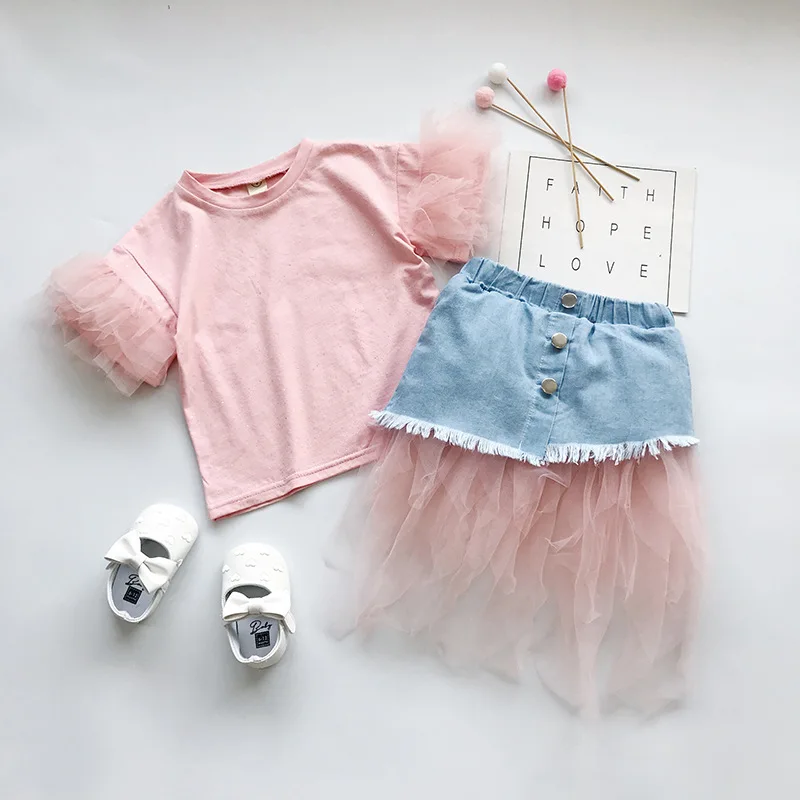 Pink Chifuna/Новые летние комплекты из 2 предметов, хлопковая Мягкая футболка на пуговицах и юбка модная детская одежда для девочек, комплекты для малышей - Цвет: Pink