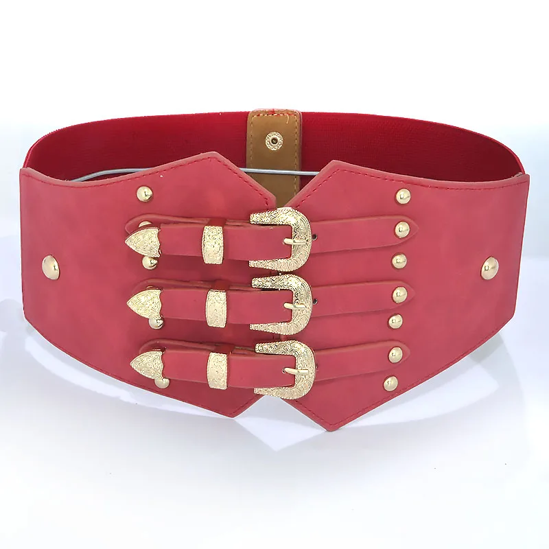 Red gold buckle Роскошное женское платье пояс в стиле панк широкие ремни для женщин Ретро металлическая пряжка из искусственной кожи эластичный корсет дизайнерский бренд bg-361 - Цвет: Red gold buckle